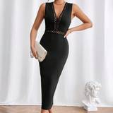 Cut-Out - Elastan/Lycra/Spandex - Sort Kjoler Shein Women'S Bodycon Dress With Hollow Out Knit Material Patchwork