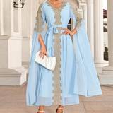 Chiffon - Guld Kjoler Shein Gold Thread Embroidery & Lace Splice Chiffon Long Arab Dress