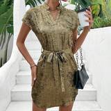 Dame - Guld - Korte kjoler Shein Women'S Glossy V-Neck Dress With Notched Collar