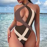 Brun - Åben ryg Tøj Shein Women's Contrast Color Hollow Out One Piece Swimsuit