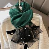 Dame - Grøn - Silke Halstørklæde & Sjal Shein 1pc Solid Color Faux Pearl Beaded Wool Blended Silk Scarf For Women, Elegant & Suitable For Summer Travel & Winter, Gift For Mom