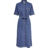 Dame - Elastan/Lycra/Spandex Kjoler Only Midi Denim Dress With Belt - Medium Blue Denim