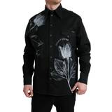 Herre Kjoler Dolce & Gabbana Black Floral Cotton Collared Dress Shirt IT40