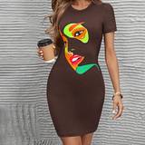 60 - Brun - Cut-Out Tøj Shein Women's Bodycon Short Sleeve Dress Printed With Face Pattern
