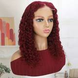 Rød Extensions & Parykker Shein Transparent Lace Front Pre Plucked Water Curly Wave 4X4 Human Hair Wig 99J 200% Density Frontal Wig