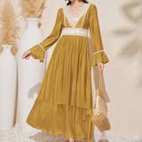 Dame - Gul - Polyamid Kjoler Shein Women'S Contrast Color Embroidery Applique Bell Sleeve Dress