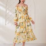 8 - Gul - Plisseret Tøj Shein Floral Print Off-Shoulder Long Sleeve Dress