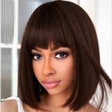 Brun Parykker Shein Machine Made Brown Color Short Straight Bob With Bangs Wig 250% Density 10 #2 Color