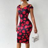 Elastan/Lycra/Spandex - Off-Shoulder Kjoler Shein Womens ColdShoulder Slim Fit Rose Printed Dress