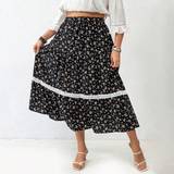 Flæse - Sort Nederdele Shein Plus Womens Floral Print Ruffle Hem Midi Skirt