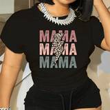 Dame - Leopard T-shirts Shein Summer Women Tops Round Neck T-Shirt With Letter, Leopard Print, And Lightning Details