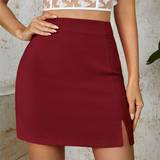 Cut-Out - Enskuldret / Enæremet - Rød Tøj Shein Women's High Waisted Slit Hem Midi Skirt