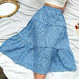Blomstrede - Blå Nederdele Shein Women's Floral Print Asymmetrical Hem Midi Skirt