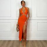 Cut-Out - Orange Kjoler Shein Womens Halter Neck Hollow Out Tie Up Back High Slit Dress