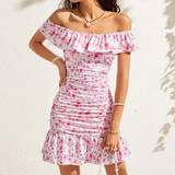 Elastan/Lycra/Spandex - Off-Shoulder Kjoler Shein Off Shoulder Floral Print Ruffle Pleated Dress