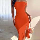 Cut-Out - Orange Tøj Shein Off Shoulder Split Thigh Ruffle Hem Dress