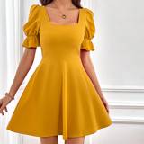 Cut-Out - Gul - Oversized Tøj Shein Square Neck Puff Sleeve A-line Dress