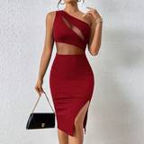 Cut-Out - Enskuldret / Enæremet - Rød Tøj Shein Summer One Shoulder Mesh Insert Split Thigh Bodycon Dress