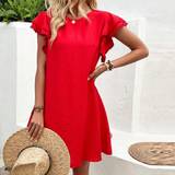 Flæse - Rød Kjoler Shein Solid Color Loose Fit Round-Neck Casual Ruffle Sleeve Dress