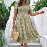 Blomstrede - Chiffon - Grøn Tøj Shein Plus Ditsy Floral Print Shirred Ruffle Hem Dress