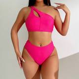 Dame - Pink Bikinisæt Shein Solid Color Hollow Out One Shoulder Bikini Set