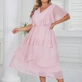 Chiffon - Pink Tøj Shein Plus V-Neck Layered Sleeve Cake Dress