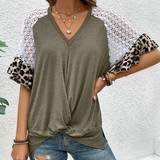 Grøn - Leopard - Viskose Tøj Shein Ladies' Lace Splice V-Neck Raglan Sleeve T-Shirt