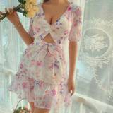 Blomstrede - Chiffon Kjoler Shein Random Floral Print Cut Out Tie Backless Ruffle Hem Chiffon Dress