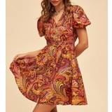 Blomstrede - Bronze Kjoler Shein Women's Vacation Style Short Puff Sleeve Dress With Cashew Print