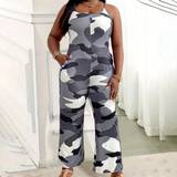 Grå Jumpsuits & Overalls Shein Plus Women's Camo Print Jumpsuit With Spaghetti Straps
