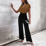 Dame - Gul - S Jumpsuits & Overalls Shein V Neck Striped Colorblock Wide Leg Jumpsuit