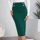 Grøn - Midinederdele - S Shein Women's Solid Color Decorative Button Slim Fit Midi Skirt