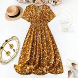 Gul - Lange kjoler - XXL Shein Plus Floral Printed V-Neck Wrap Waist Maxi Dress