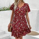 Flæse - Rød Kjoler Shein Button-Cinched Waist Ruffled Hem Floral Print Dress
