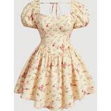 Blomstrede - Elastan/Lycra/Spandex - Gul Kjoler Shein Plus Puff Short Sleeve Floral Print Dress