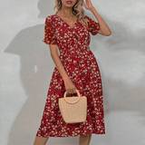 Chiffon - Rød Kjoler Shein Women's Casual Printed Chiffon Beach Dress, V-Neck Short Sleeve Sundress For Summer