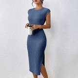 Blå - Lange kjoler - Stretch Shein Women's Solid Color Textured Bodycon Maxi Dress With Side Slit