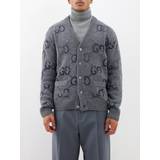 Gucci M Overdele Gucci Distressed Gg Supreme-intarsia Wool-blend Cardigan Mens Grey