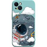 Silikone - Turkis Covers & Etuier MAULUND iPhone 14 Fleksibel Cover af Plastik m. Print Astronaut På Månen Turkis