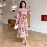 Chiffon - Pink Kjoler Shein Women's Floral Print Belted V-Neck Long Sleeve Chiffon Maxi Dress, Suitable For Summer