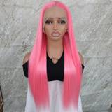 Rosa Parykker Shein 26 Inches Long Straight Synthetic Lace Front Wigs Pink Color 13x4 Lace Area Free Part Pre Plucked With Baby Around