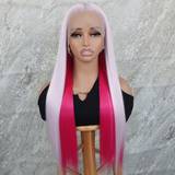 Rosa Extensions & Parykker Shein Pink Synthetic Lace Front Wigs 13x4 Heat Resistant Fiber Glueless Ombre Hot Pink White Soft Hair Long Straight Wigs Pre
