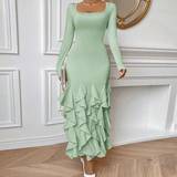 Dame - Firkantet - Grøn Kjoler Shein Women's Square Neck Long Sleeve Patchwork Ruffle Hem Bodycon Dress