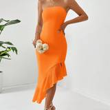 Firkantet - Orange - Polyester Kjoler Shein Women's Solid Color Asymmetrical Hem Bandeau Bodycon Dress With Ruffle Trim