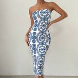 Blå - Dame - Firkantet Kjoler Shein Summer Casual Strapless Bodycon Print Dress