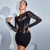 Dame - Firkantet - Polyamid Kjoler Shein Black Seamless Bodycon Hollow Out High Elasticity Mini Dress
