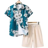 Blomstrede Øvrige sæt Børnetøj Shein 2pcs/Set Teenage Boys' Floral Print Short Sleeve Shirt And Shorts Summer Vacation Outfit
