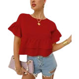 Flæse - Rød Overdele Shein Essnce Solid Color Round Neck Ruffle Hem Summer Shirt