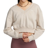 26 - Brun - Dame Overdele Nike Sportswear Phoenix Fleece Women's Cropped V-Neck Top - Light Orewood Brown/Sail