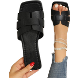 48 - Polyuretan Sandaler Shein Women Black Snakeskin Embossed Slide Sandals, Elegant Open Toe Sandals